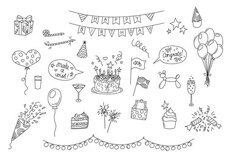 Birthday party doodles set. Vector black and white hand drawn kid ...