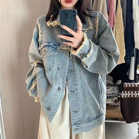 Jual YURUMA Retro Tepi Mentah Tertekan Jaket Denim Wanita Desain