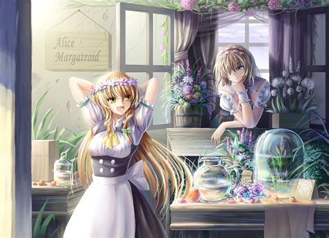 Alice Margatroid Blonde Hair Blue Eyes Dress Fang Flowers Kirisame Marisa Long Hair Ribbons