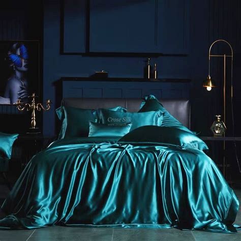 PEACOCK BLUE 25 Momme Lace Silk Bedding Set 4pcs 1x Duvet Cover 1x