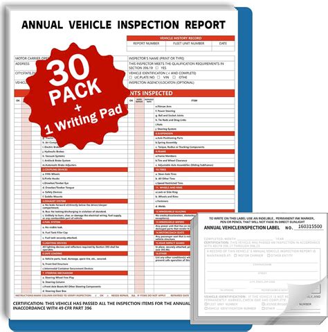 30 Packs Dot Annual Vehicle Inspection Forms And Label 3 Layer Vehicle Inspection