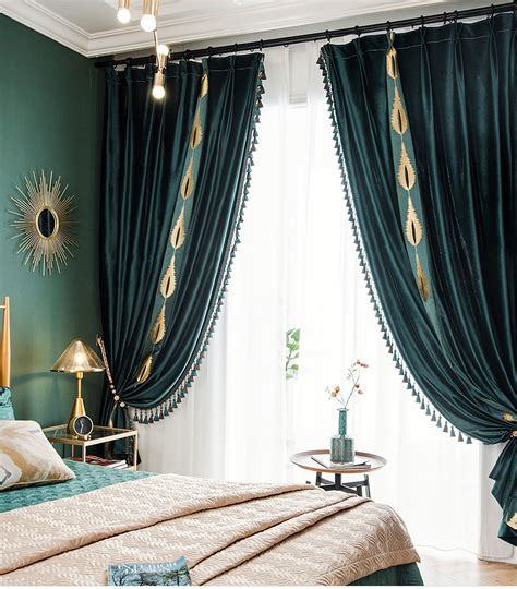 Set of 2 Emerald Green Tassels Velvet Curtains Dark Green - Etsy UK