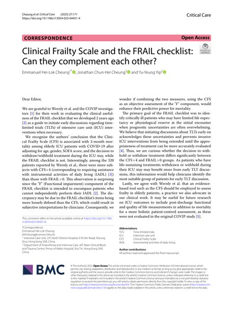 Pdf Clinical Frailty Scale And The Frail Checklist Can They