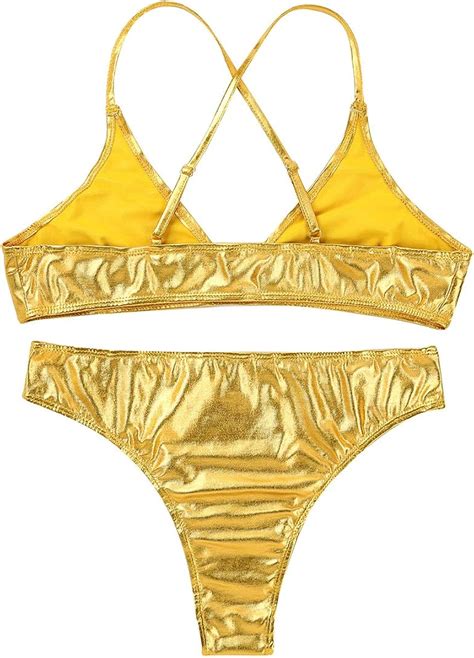 Yoojia Damen Metallic Bademode Brasilien Triangel Bikini Set Glanz