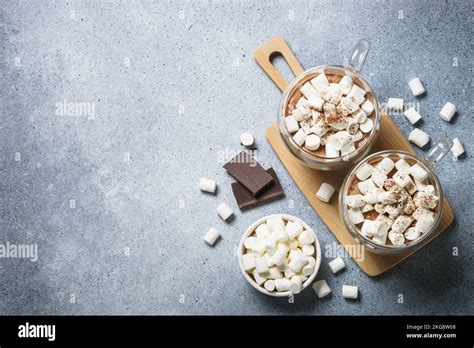 Hot Chocolate With Marshmallow Top View With Copy Space Hi Res Stock
