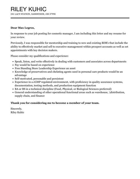 Cosmetic Manager Cover Letter Velvet Jobs