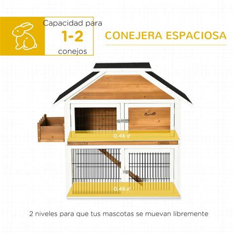 Pawhut Conejera De Madera Exterior Jaula Para Conejos De Niveles Con