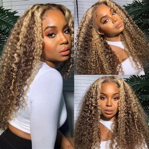 Kriyya Curly Hair Honey Blonde Ombre Highlight Wigs 13x4 Lace Front ...