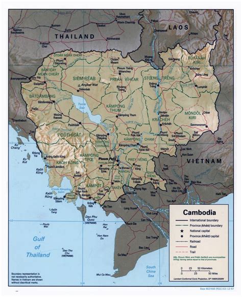 Large detailed political and administrative map of Cambodia with relief, roads, railroads and ...