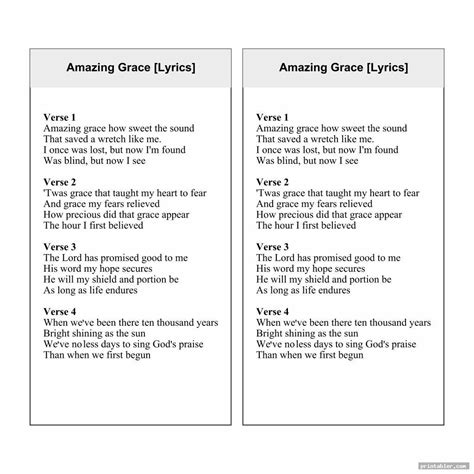 Amazing Grace Lyrics Printable - Gridgit.com