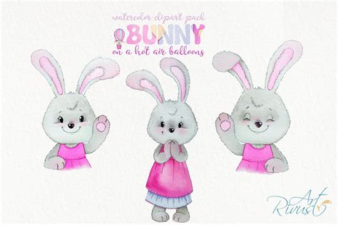 Hot Air Balloons Clipart Cute Watercolor Bunny Clip Art DIY Etsy