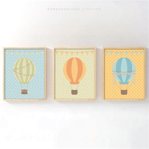Hot Air Balloon Nursery Prints Set Of 3 Gender Neutral Baby Room Wall Art Travel Adventure