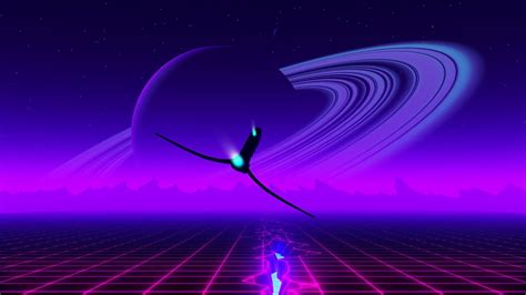 Retrowave Planet And Spaceship With Background Of Dark Sky And Stars Hd