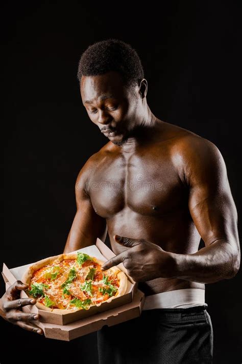 Surprised Naked Black Man Points Pizza In Cardboard Box Advertise For Pizzeria Isolated Black