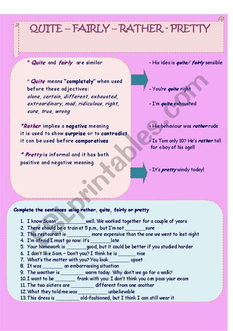 Quite Fairly Rather Pretty Esl Worksheet By Afrodite