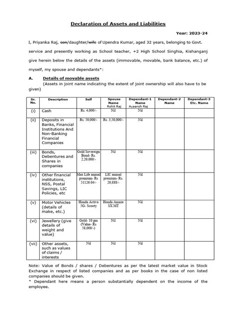 Declaration Of Assets And Liabilities Form Bpsc Teacher 3 Pdf