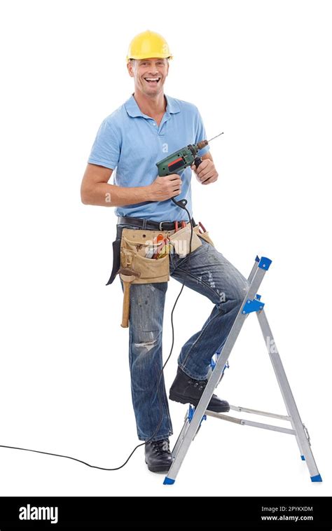 Hombre Feliz En Retrato Handyman Con Herramientas Eléctricas Y