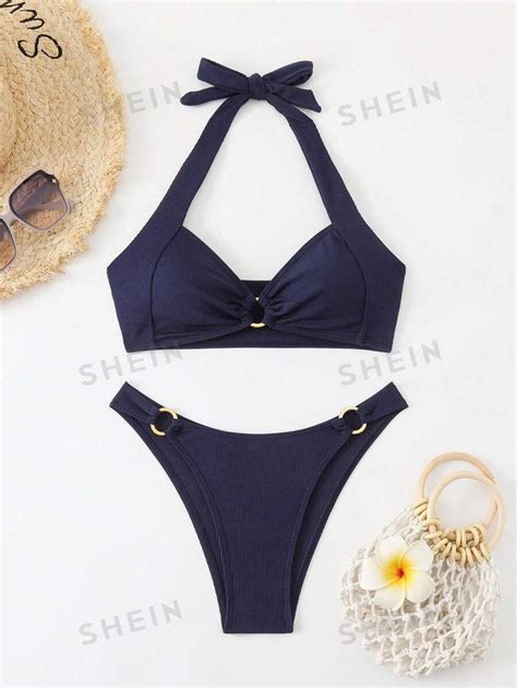 Women S Summer Beach Solid Color Ruffle Halterneck Bikini Set SHEIN USA