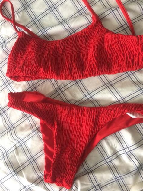 Smocked Bikini Top And Bottoms RED Bikinis M ZAFUL