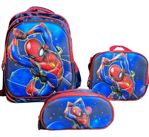 Kit Piezas Mochila Escolar Con Lonchera Y Lapicera De Spiderman Con