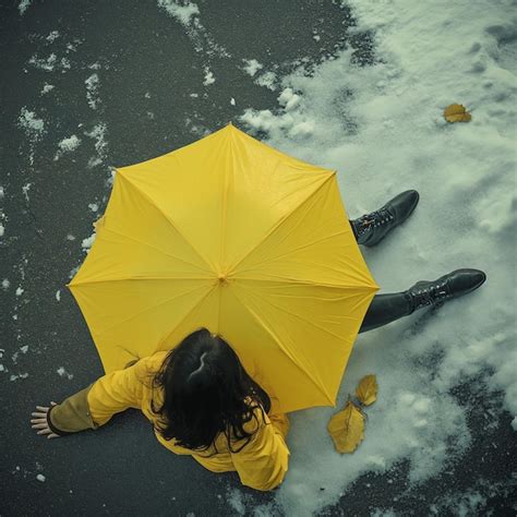 A Woman In A Yellow Raincoat Sits Under An Umbrella Premium Ai