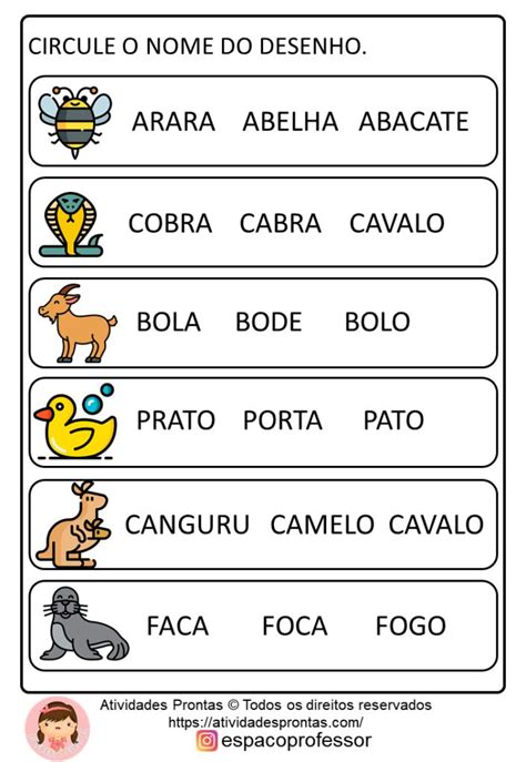 Atividade Leitura De Palavras - Atividades de alfabetização sílabas e leitura de palavras em PDF ...