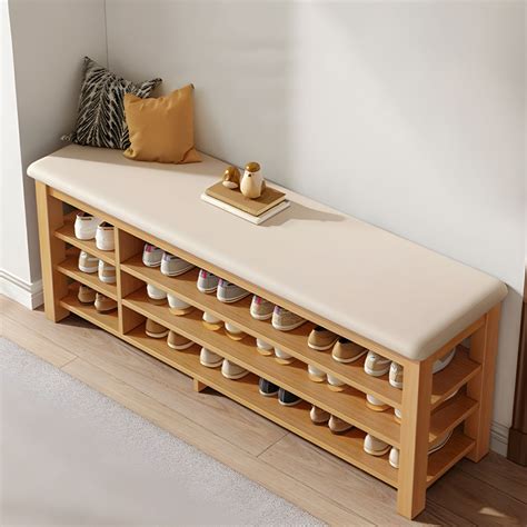 Contemporary Cushioned Wood Storage Bench With Shoe Storage For Foyer