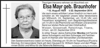 Traueranzeigen Von Elsa Mayr Trauer Bz