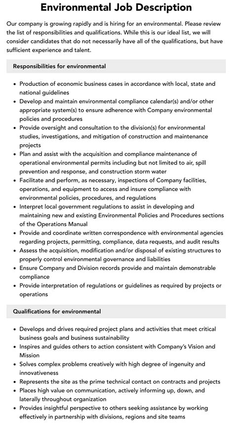 Environmental Job Description Velvet Jobs
