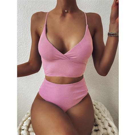 Tejiojo Women S Bathing Suit Clearance Women Striped Push Up High Cut Hight Waist Halter Bikini