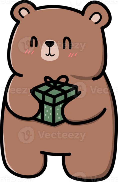 Happy teddy bear holding a gift box flat outline cartoon 29171402 PNG