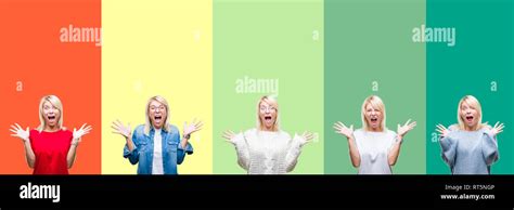 Collage Of Beautiful Blonde Woman Over Vivid Vintage Isolated Background Celebrating Crazy And