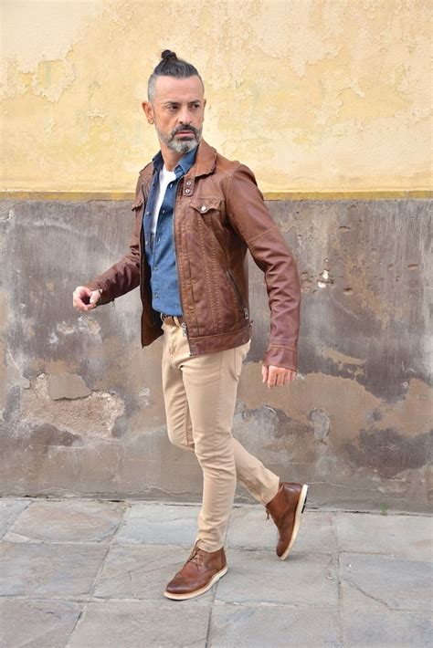 Moda para hombres maduros Chaqueta de cuero marrón Moda ropa hombre