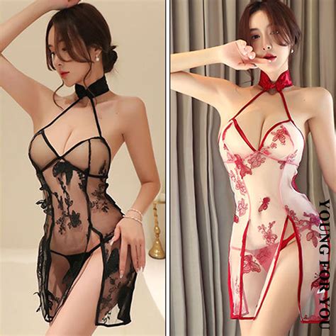 Sg Stock Chinese Cheongsam Costume Cosplay Lingerie Women S Transparent Sleepwear Sexy Lingerie