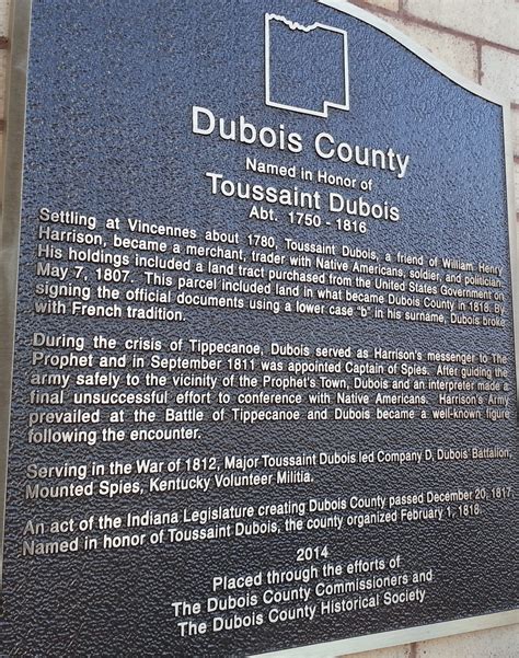 New plaque honors county's namesake; Toussant Dubois - Dubois County