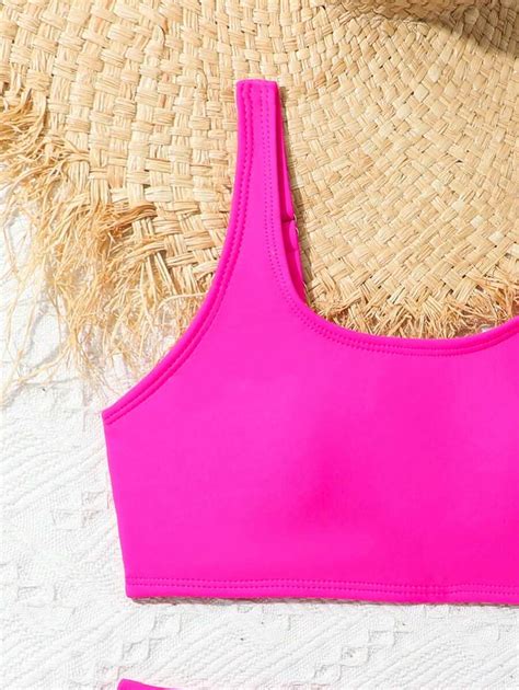 Tween Girl Solid Color Vest And Triangle Briefs Casual Bikini Separates Swimwear Set SHEIN USA