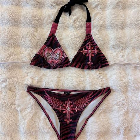 S Sinful Bikini Black And Pink With Bling Cross Depop
