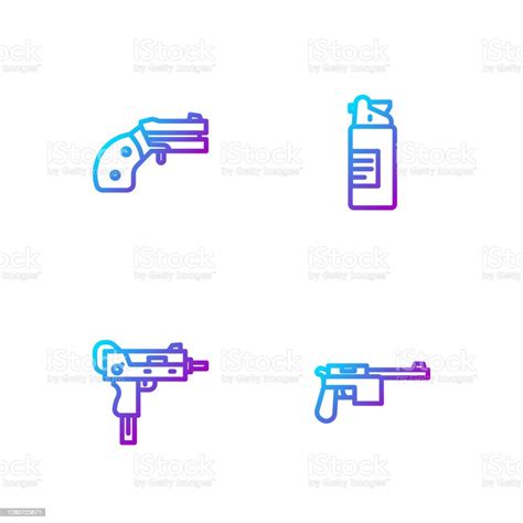 Set Line Mauser Gun Uzi Submachine Small Revolver And Weapons Oil Bottle Gradient Color Icons