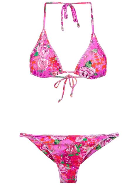 Amir Slama Rose Print Triangle Bikini Set Pink FARFETCH
