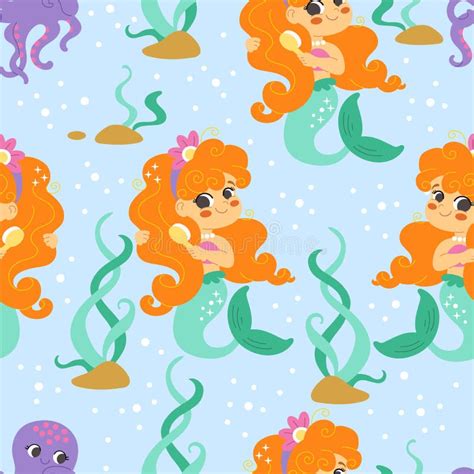 Seamless Pattern With Mermaids And Octopus Vector Stock Vector