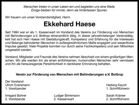 Traueranzeigen Von Ekkehard Haese Trauer In NRW De