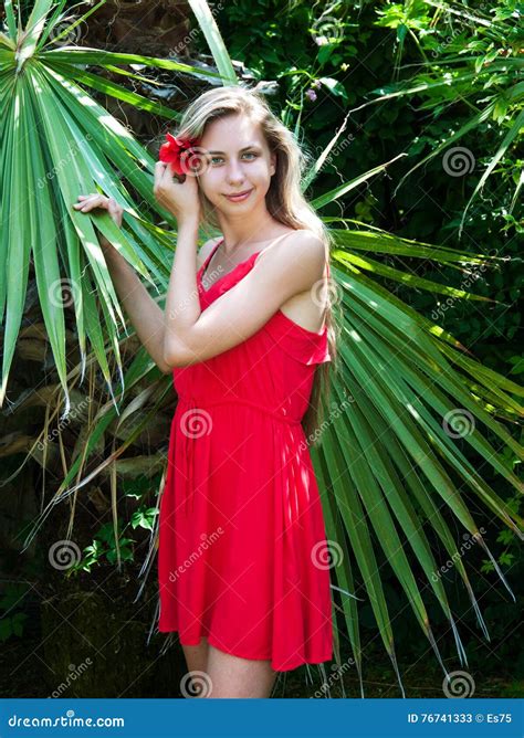 Beautiful Girl With Hibiscus Flower In Her Hair Stock Image Image Of Plant Girl 76741333