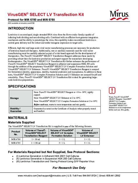 Fillable Online VirusGEN SELECT LV Transfection Kit Mirus Bio Fax