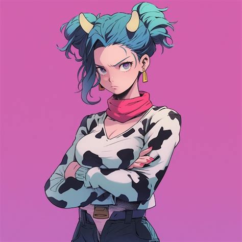 Premium Photo Anime Girl With Cow Print Shirt And Cow Horns On Her Head Generative Ai