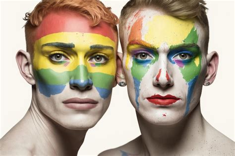 Casal gay orgulhoso pintura facial de arco íris correspondente em um fundo branco criado