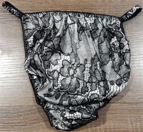 Vintage Sliky Satin String Bikini Panties Polyester Lace Print Sz Xl