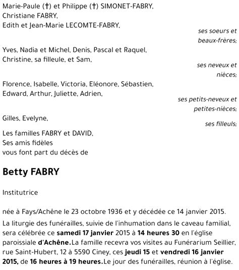Avis De Décès De Betty Fabry Décédé Le 14012015 à Achêne Annonce