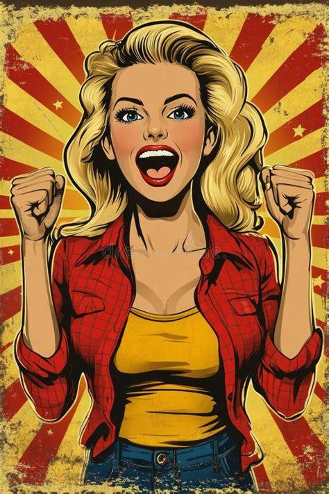 A Joyful Woman With Blonde Hair Passionately Raises Her Fists In Celebration She Wears A Red