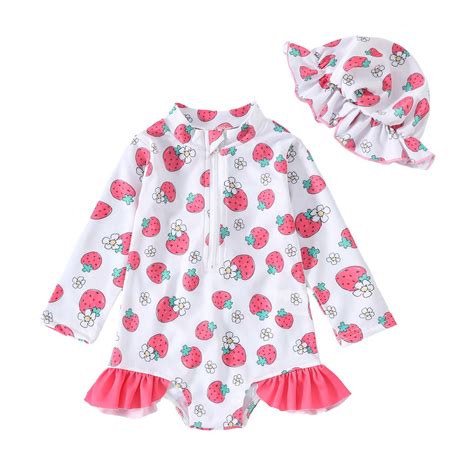 Baby Girls Swimsuits One Piece Zipper Summer Long Sleeve Ruffles Strawberry Prints Beach Bikini