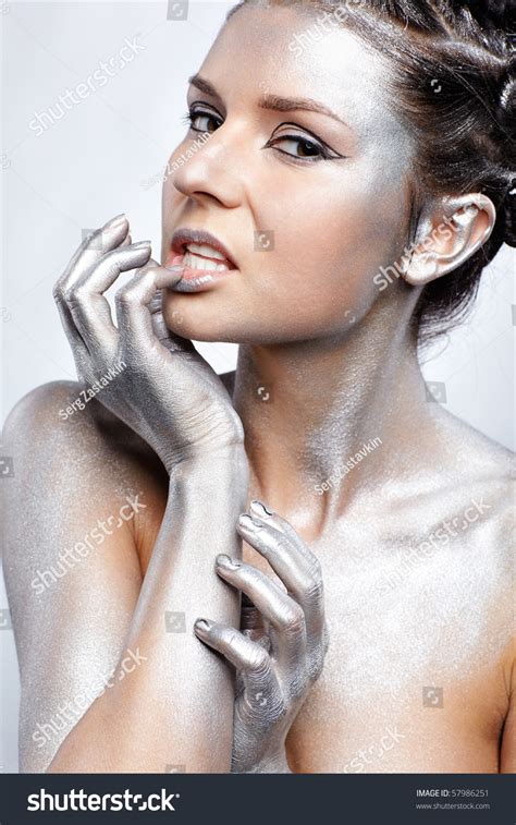 Portrait Nude Girl Body Painted Silver Stock Photo 57986251 Shutterstock